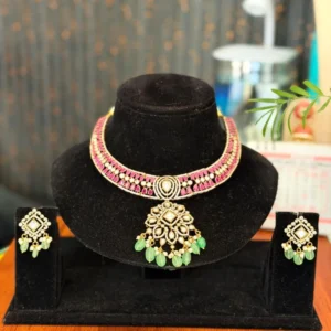 Ruby Stone Imitation Choker Necklace Set with Green Bead Drops