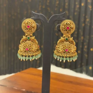 Traditional Temple Style Imitation Jhumka Earrings with Green Beads