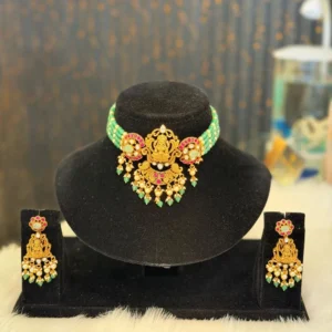 Temple Lakshmi Imitation Choker Necklace Set with Green Beads