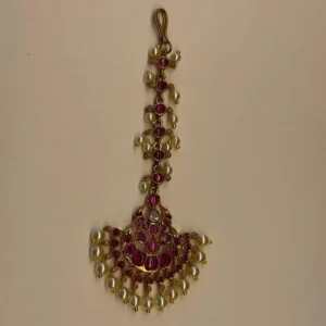 Traditional Ruby Style Imitation Maang Tikka with Pearl Drops