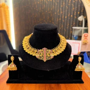 Temple Coin Style Imitation Choker Necklace Set with Jhumkas