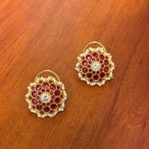 Traditional Ruby Floral Imitation Stud Earrings with Pearl Detailing