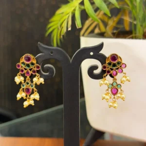 Traditional Ruby Green Imitation Drop Earrings with Pearl Hangings