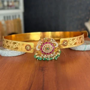 Traditional Stone Imitation Vaddanam Waist Belt with Green Beads