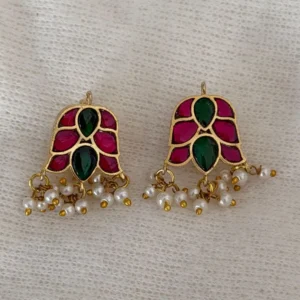 Ruby Green Leaf Imitation Drop Earrings with Pearl Hangings