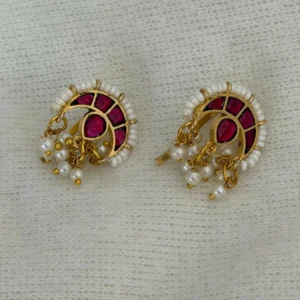 Ruby Curve Style Imitation Stud Earrings with Pearl Drops